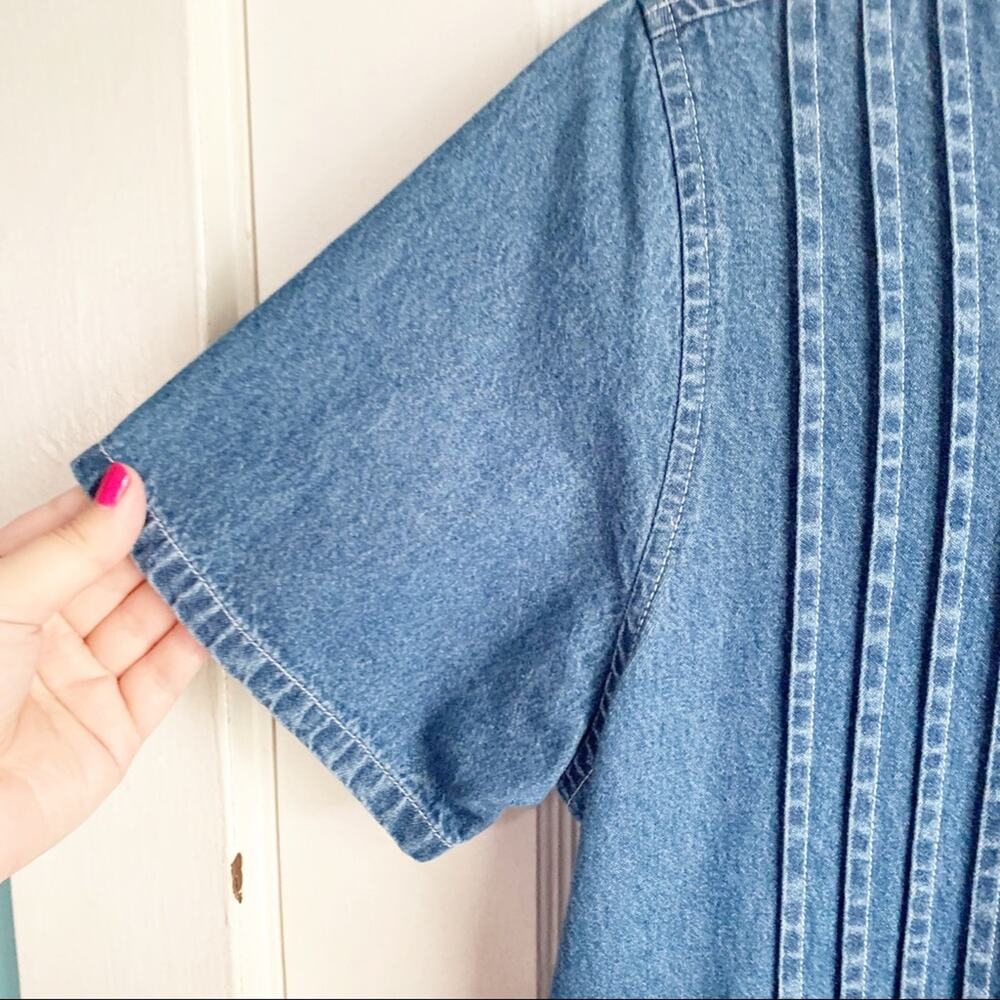 VTG Cottagecore Denim Maxi Dress 1980s White Flower Buttons Oversized Prairie S - Picture 8 of 14